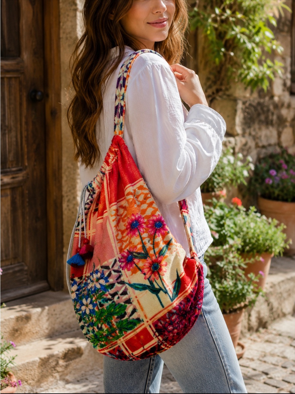 Johnny Was Multicolor Floral Drawstring Backpack